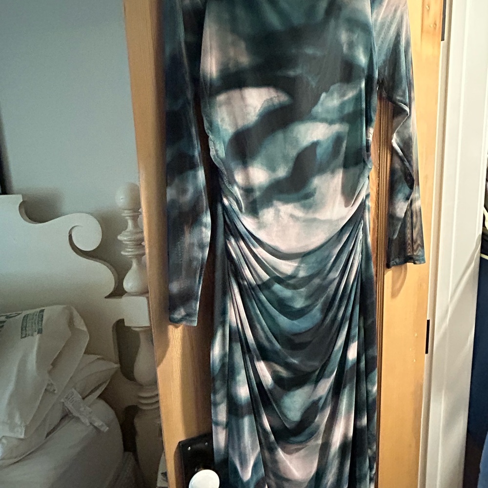 Vince Camuto Teal and Gray Long Sleeve Dress